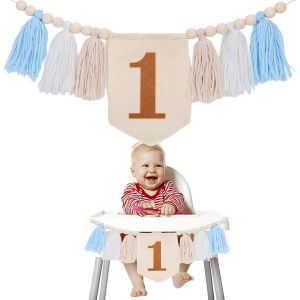 Checarzhn--No1-1st Birthday High Chair Banner, Bannière De Pompon De Cha Haute En Perles De Bois Toile De Fond De Photo D'anniversaire De Style Bohème Pour Décoration De Fête D'anniversaire D'enfants - Neuf