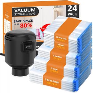 Lot de 24 sacs sous vide pour vêtements, couettes, avec pompe électrique, dégonflage rapide, peu encombrant, anti-poussière et imperméable, taille plus pour plus de compression - Neuf