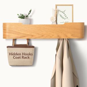 Porte-manteau mural avec crochets cach&eacute;s - Porte-manteau moderne avec crochets cach&eacute;s et &eacute;tag&egrave;re - Porte-manteau mural avec &eacute;tag&egrave;re - Ch&ecirc;ne, 5 crochets - Neuf