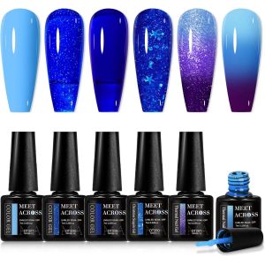 Sjzg-Lot De 6 Vernis &Agrave; Ongles Uv &Agrave; Paillettes - Bleu - Changement De Couleur - Kit Diy (Gel &Agrave; Ongles Bleu + Gel Cam&eacute;l&eacute;on) - Neuf