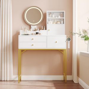 Coiffeuse LED 3 temp&eacute;ratures, 3 tiroirs + porte, miroir - blanc 80x134x40 cm - Neuf