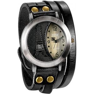 Eryi-Montre Quartz Rétro Tour D¿Eiffel Plaqué Faux Diamant Digital Cadran Mutil-Rang Bracelet Fantaisie Bracelet Cuir Alliage Pour Homme Et Femme Couleur Noir - Neuf