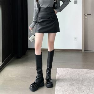 Jupe Courte Plissée En Cuir Pour Femme, Design Automne Et Hiver, Jupe Courte Plissée Taille Haute En Pu Enveloppée Dans Les Hanches, Jupe Trapèze - Neuf
