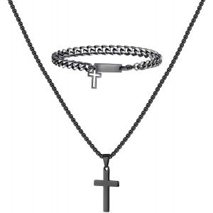 Kal-2 Pi&egrave;ces Collier Croix Bracelet Croix Pour Homme Bracelet Croix En Acier Inoxydable Noir Argent Collier Avec Pendentif Croix Ensemble Bijoux Cadeau Pour Hommes - Neuf