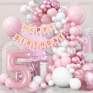 KALANKA-Kit D'arche de Ballons Rose Blanc,5 Anniversaire Fille Ballon,Arche de Ballons Rose et RlancDecoration Bapteme Fille, Fête, Baby Shower Décorations,Mariage,fête Prénatale, Baptême de Fille - Neuf