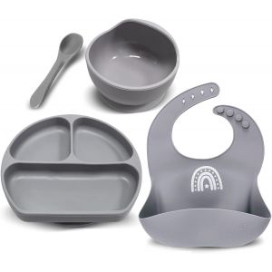 Kal-Lot De 4 Set Vaisselle Silicone Repas B&eacute;b&eacute;, Assiette Ventouse Pour B&eacute;b&eacute;, Bol Ventouse Pour Enfant, Bavoir Imperm&eacute;able, Cuill&egrave;re D`Apprentissage, Sans Bpa, Passe Lave Et Micro Onde (Gris) - Neuf
