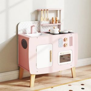 Cuisine pour Enfants 3 Ans+ COSTWAY - 5 Accessoires avec &Eacute;vier, Four, Plaque de Cuisson Rose - Neuf