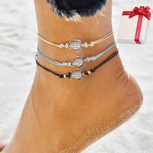 Kalsw-Boho Turtle Cheville Dames Cheville Tortue,3 Pi&egrave;ces Bracelet En Cuir Cordon Mode Cheville Bracelet Perles R&eacute;glable Charme Cheville Bijoux Faits &Agrave; La Main Pour Femmes Et Filles - Neuf
