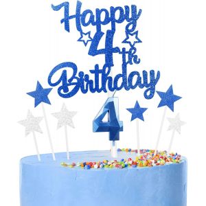 Sansh-Décoration Bleu Gâteau 4 Ans Anniversaire,9 Pièces Cake Topper 4 Ans,Bougies, Étoiles & C?urs Pour Cupcakes Décoration De Gâteau Pour Femmes/Homme - Neuf