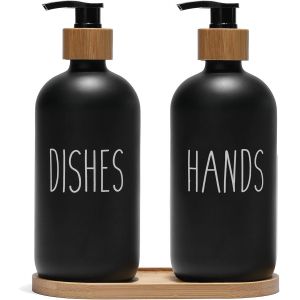 Lot de 2 Distributeurs de Savon en Verre pour évier de Cuisine,Distributeur de Savon pour Salle de Bain avec Pompe en Bambou et Porte-Savon,décoration d'intérieur de Ferme (Noir) - Neuf