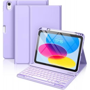 Coque Clavier Pour Ipad A16 11/10 Ème Generation (11 Pouces 2025/10.9 Pouces 2022), Étui Keyboard 7 Couleurs Rétroéclairées Avec Porte Crayon, Azerty Layout Pour Ipad 10eme/11eme, Lavande - Neuf