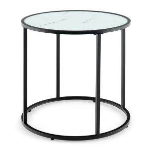 Table D'appoint Ronde 50 X 50 X 50 Cm En Verre Tremp&eacute; Imitation Marbre Au Design Moderne Et &Eacute;l&eacute;gant En M&eacute;tal Noir Et Blanc Helloshop26 20_0014072 - Neuf