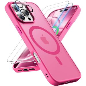 Kal-Coque Pour Iphone 16 Pro Max Avec 2 Verre Trempé Et 1 Caméra Protecteur, Translucide Mat Arrière Housse Fine Antichoc Pour Iphone 16 Pro Max Case Compatible Avec Mag-Safe 6.9"" Rose Chaud - Neuf