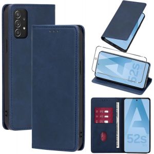 KAL-Coque Cuir Pour Samsung Galaxy A52S 5G/A52 4G/5G 6.5"" Avec 1 Verre Tremp&eacute; Etui &Agrave; Rabat En Pu Porte-Cartes Portefeuille Support Flip Housse Magn&eacute;tique Antichoc Anti-Rayures Case,Bleu - Neuf
