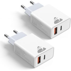 JGD-2Pcs Chargeur USB C 20W Chargeur iPhone Rapide 2Ports PD+QC Prise USB C Double Bloc pour iPhone 17 16 15 14 13 12 Pro Max Plus Mini X XS XR, iPad, Samsung Galaxy S25 S24, Prise USBC Adaptateur Se - Neuf