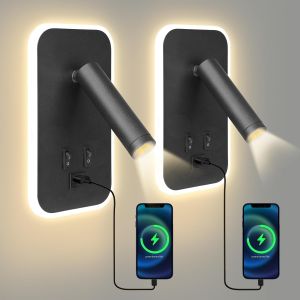Subzonal-Liseuse De Chevet, 2pcs Applique Murale Led Chambre Avec Interrupteur Et Charge Usb, 3w+9w 3000k Fixation Murale Spot Rotatif, Lumi&egrave;res Mural Lit Lampe Murale Couloir Hotel (Noir-2pcs) - Neuf