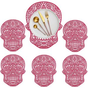 Eryi-Lot De 6 Sets De Table Ajourés En Forme De Tête De Mort En Vinyle Pressé Métallisé, Résistants À La Chaleur Pour Décoration De Table De Fête, Halloween, Dîner, Style A Rouge - Neuf