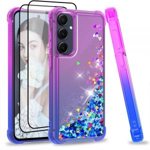 Kal-Coque Pour Samsung Galaxy A55 5g Avec Verre Trempé [Lot De 2], Fille Liquide Paillette Transparente Silicone Gel Tpu Antichoc Kawaii Etui Housse Galaxy A55 Violet Bleu - Neuf