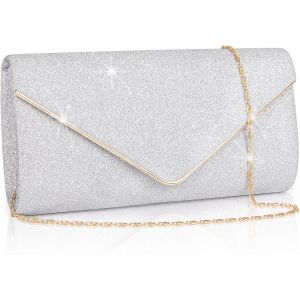 RFCBC-Pochette Soiree Femme, Sac à Main Bandoulière Élégante de Style Enveloppe en Paillettes Brillant Argenté avec Chaîne, Chic Clutch Caba Sacoche pour Mariage Cérémonie Cadeau Fête des Mère - Neuf