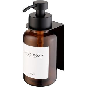 KAL-Distributeur De Savon En Verre Avec Support Mural Autocollant - Distributeur À Pompe En Acier Inoxydable Pour Savon Liquide - Distributeur De Liquide Vaisselle Sans Perçage - 400 Ml (Marron/Noir) - Neuf