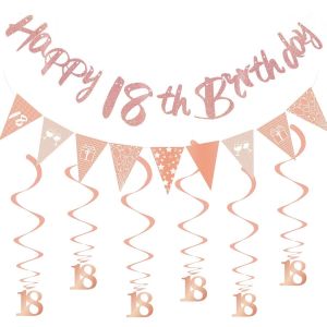 Checarzhn--No1-Bannière Décorative Pour 18e Anniversaire - Serpentins - Bannière 18e Anniversaire Fille - Or Rose - Décoration D'anniversaire Pour 18 Filles - Bannière D'anniversaire 18 Ans - Neuf