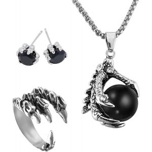 Kal-Griffe Dragon, Collier Gothique Griffe De Dragon En Alliage/Boucles D'oreilles Dragon/Cadeau D'anneau De Dragon Pour Les Amoureux Du Punk (3 Pièces) - Neuf