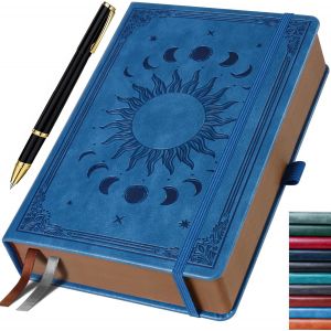 Chenquansarl-Carnet De Journal Pour Hommes Et Femmes, 360 Pages, Carnet De Journaling Avec Stylo, Design Vintage Soleil & Lune, Bleu, 19,6 X 25,4 Cm - Neuf