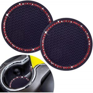 Dessous De Verre Mignons Pour Voiture (Fond Noir &Agrave; Diamants Rouges), Lot De 2, Universels, En Silicone Antid&eacute;rapant De 7 Cm, Orn&eacute;s De Strass Scintillants. Accessoires Auto. - Neuf