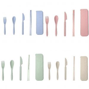 4 Ensembles D'ustensiles De Voyage Ensemble Avec Étui Paille De Blé Cuillère Réutilisable Coupe-Fourchettes Baguettes Couverts Portables Respectueux De L'environnement Pour Le Pique-De Voyage En Plein - Neuf