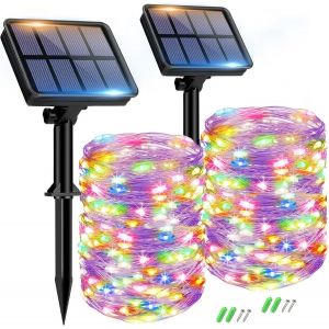 Lot de 2 Guirlande Solaire Exterieur, Totale 16m 160LED Lumineuse Étanche, 8 Modes Décoration pour Jardin Terrasse Cour Noël Mariage Fête, Blanc Chaud - Neuf