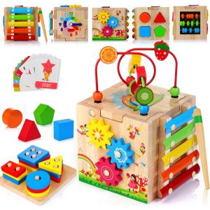 JGD-8 en 1 Cube d'activit&eacute;s motrices d&egrave;s 1 an Pile et Plateau de tri Mots Cartes(en Anglais) b&eacute;b&eacute; Jouet Montessori Cadeau pour Enfants - Neuf