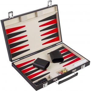 250505-Backgammon Rouge Noir Et Blanc 36 Cm-Jeu De Stratégie-Finitions Simili Cuir-5 Dés-2 Gobelets Et Pions-Jeux De Société Familial A Partir De 6 Ans - Neuf
