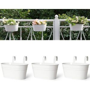 Lot De 3 Pots De Fleurs &Agrave; Suspendre En M&eacute;tal Pour Cl&ocirc;ture,Balcon,Jardin,Campagne,Fen&ecirc;tre,D&eacute;coration Int&eacute;rieure Avec Crochets Amovibles,Blanc - Neuf