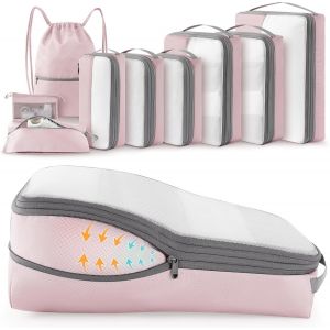 9 Pi&egrave;ces Packing Cubes Compression, Organisateur Val Bagage Sac Compression Organisateur De Voyage Rangement Pour Sac &Agrave; Dos (Rose) - Neuf