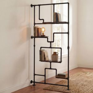 S&eacute;parateur de pi&egrave;ce avec &eacute;tag&egrave;re HWC-P10, &eacute;tag&egrave;re de salon, &eacute;tag&egrave;re de rangement, m&eacute;tal industriel m&eacute;lamin&eacute; MVG 203x100x20cmbrun fonc&eacute; - Neuf