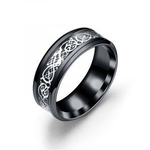 Bague De Mariage En Titane Pour Homme, Taille Unique, 10, Noir, Argent, Sur Fond Noir, Personnalisable, Avec Incrustation De Fibre De Carbone Et Dragon Celtique Bicolore, Tons Argent Et Or - Neuf