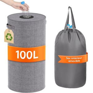 100l Collecteur De Bouteilles Rond Avec Couvercle,Poubelle Cuisine Tri Selectif Avec Trou,Poubelle Recyclage Pour Bouteilles Verre,Récipient De Collecte De Bouteilles Consignées,Gris - Neuf