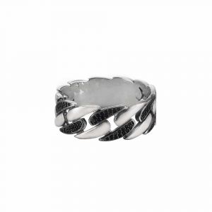 Bague Homme Argent Chaine Moderne Sertie Zirconium Noir - Neuf