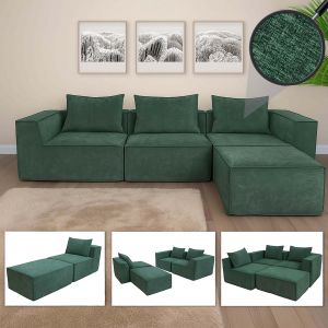Canap&eacute; en L HWC-O54, canap&eacute; lounge avec ottomane, modulable &agrave; droite/gauche, tissu/textile 63x270x190cmvert - Neuf