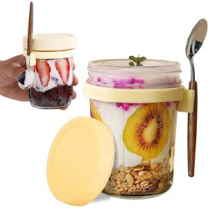 Overnight Oats Jars,2pcs Bocaux À Avoine Mason Jars En Verre Avec Couvercle Et Cuillère,Bol Muesli A Emporter En Verre Avec Marque De Mesure Pour Yaourt Lait Céréales Fruits (Jaune,350 Ml) - Neuf