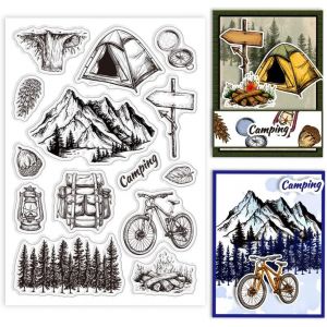 Tampons Transparents En Silicone De Voyage Pour Tente De Camping,Arbres De Montagne,Feux De Camp,V&eacute;lo De Montagne,Compas,Sac &Agrave; Dos,Tampons Transparents Pour Bricolage,Scrapbooking, - Neuf