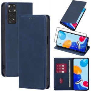 JGD-Coque Cuir pour Xiaomi Redmi Note 11/Note 11S 4G 6.43"" avec 1 Verre Tremp&eacute; Etui &agrave; Rabat en PU Porte-Cartes Portefeuille Support Flip Housse Magn&eacute;tique Antichoc Anti-Rayures Case,Bleu - Neuf