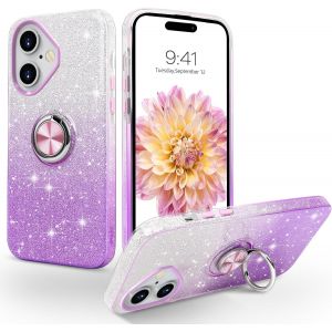Kal-Coque Iphone 16 6,1 Pouces Avec Anneau Rotatif 360° Support De Voiture Magnétiqu, Paillettes Scintillantes Brillantes Etui Protection À Anti-Rayure Antichoc Housse, Dégradé Violet - Neuf