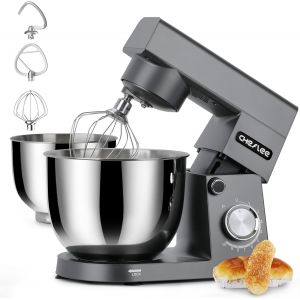 Robot Patissier ,1500 W Robot P&acirc;tissier,Avec,Bol En Acier Inoxydable De 4,5 Et 5,5 L,10+P Vitesse,Avec Crochet M&eacute;langeur, Crochet P&eacute;trisseur,Fouet Et Protection Anti-Eclaboussures (Gris&iquest; - Neuf