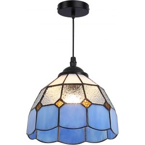 Ulteronixshop-Suspension Tiffany &laquo; LIVIA &raquo; - Abat-jour en verre bleu, blanc et transparent fait main &Oslash;20 cm - Style classique - Culot E27 - &Eacute;clairage d&eacute;coratif pour cuisine, salon ou entr&eacute;e - Neuf