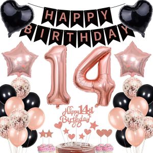 ChicSlick-Kit De Décoration Pour 14E Anniversaire Fille Or Rose Noir ¿ Décoration De Gâteau Pour Garçon Avec Bannière, Ballons, Ballons ¿ Cadeau Pour 14E Anniversaire[X799] - Neuf