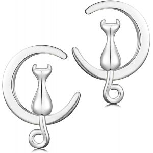 Kal-Boucles D'oreilles Clous En Argent Sterling 925 Boucles D'oreilles Chat Lune Boucles D'oreilles Animaux Pour Femme Adolescent Fille - Neuf