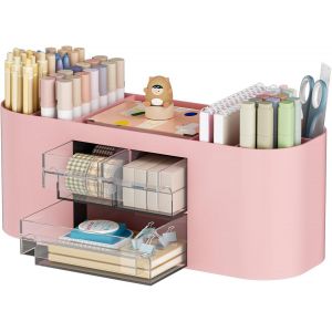 Organisateur de Bureau avec 3 Tiroirs,Porte-Stylos Multifonctionnel,Rangement Bureau et Accessoires avec 7 Compartiments pour Maison,L'école,Salle de Classe(Rose) - Neuf