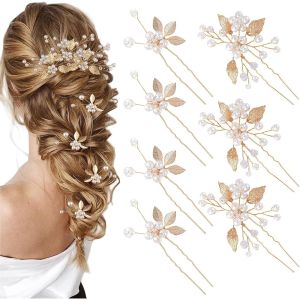 Kal-7 Pièces Épingles À Cheveux De Mariée Feuilles Dorées Perles De Cristal Accessoires Vintage Pour Cheveux Bijoux De Mariage Strass Pour Mariées Demoiselles D'honneur Filles De Fleurs (2 - Neuf
