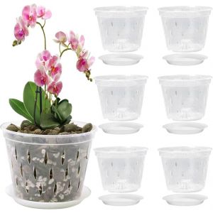 lbgwp60-Lot De 6 Pots À Orchidée Transparents De 15 Cm Avec Trous Et Plateau - Pots À Orchidée En Plastique Transparent Pour Semis Et Kit De Rempotage Des Racines - Neuf